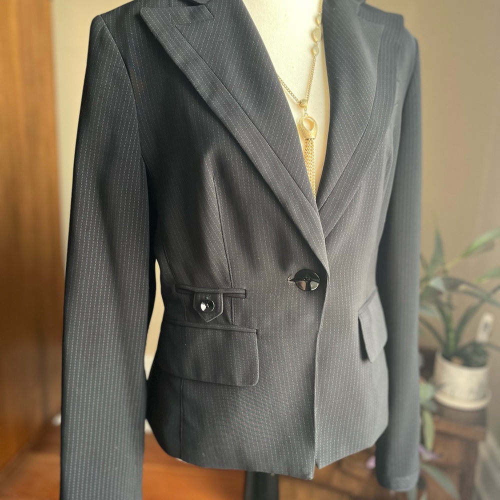 Allen B pinstriped suit jacket with paisley lining.